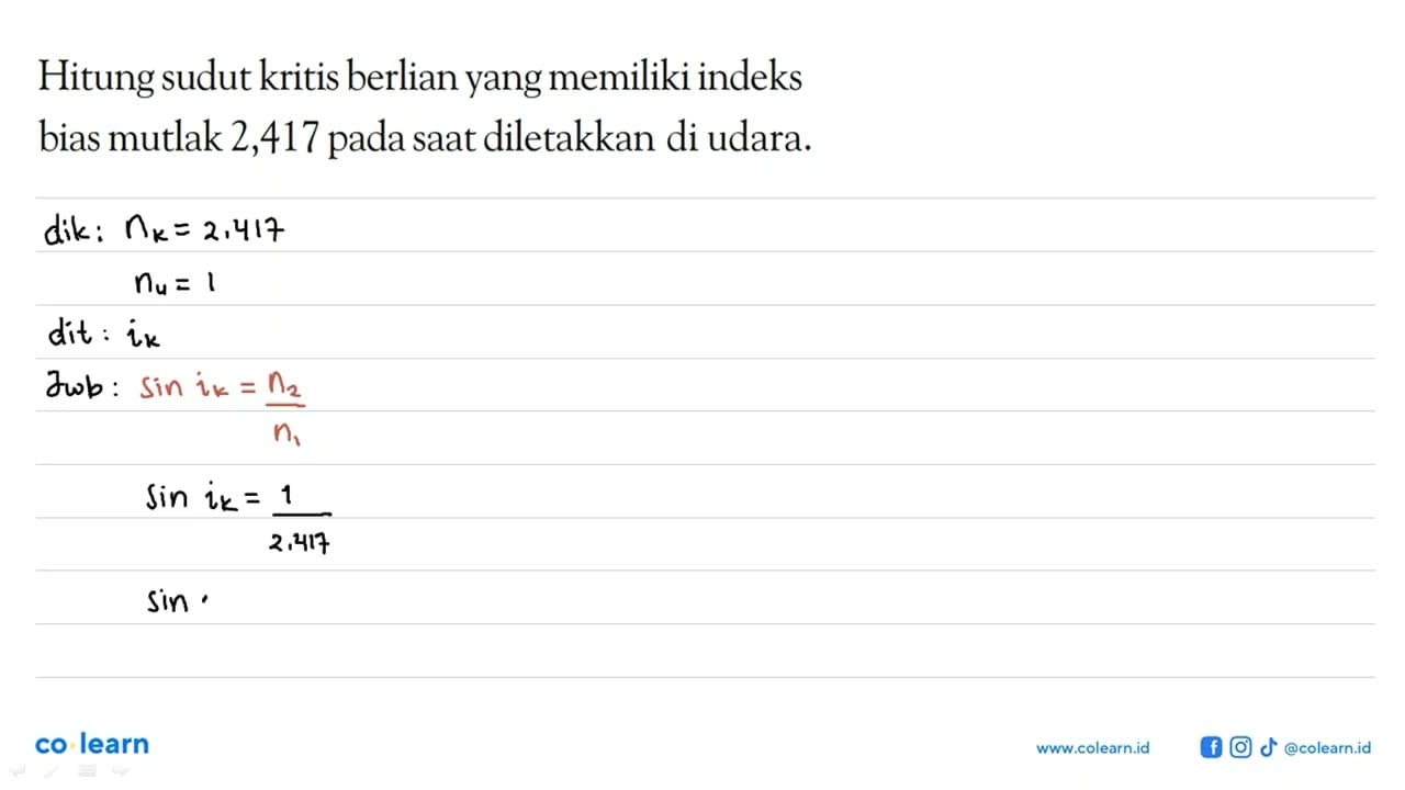 Hitung sudut kritis berlian yang memiliki indeks bias