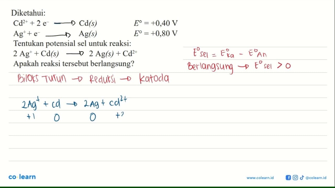 Diketahui: Cd^(2+) + 2 e^- Cd(s) E^o = +0,40 V Ag^+ + e^-