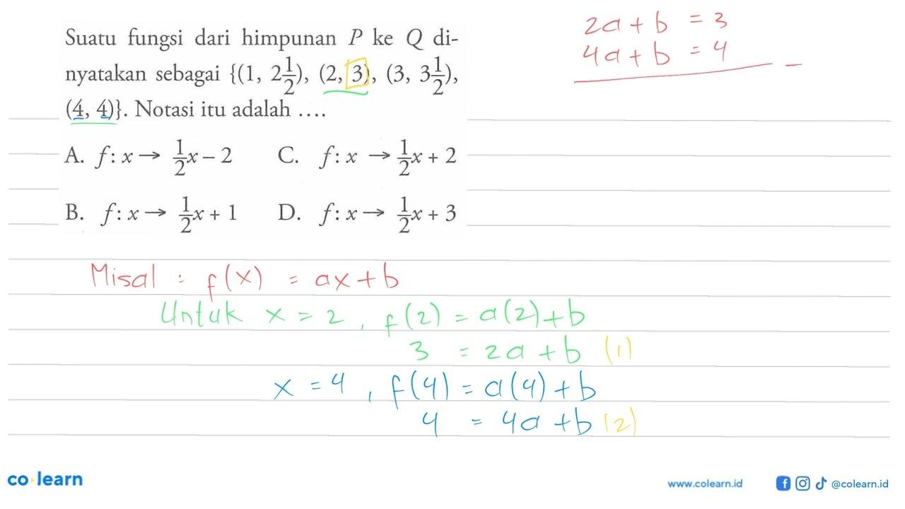 Suatu fungsi dari himpunan P ke Q dinyatakan sebagai {(1, 2