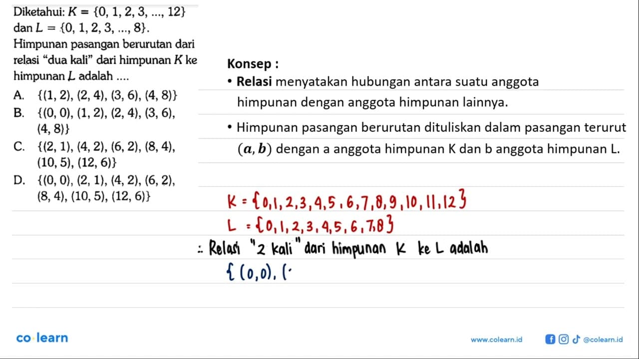 Diketahui: K={0,1,2, 3,...,12} dan L={0,1,2,3,...,8}.