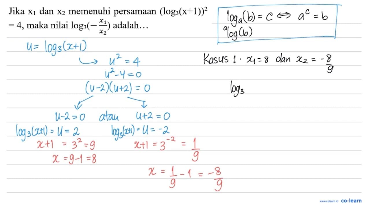 Jika x_(1) dan x_(2) memenuhi persamaan (log _(3)(x+1))^(2)