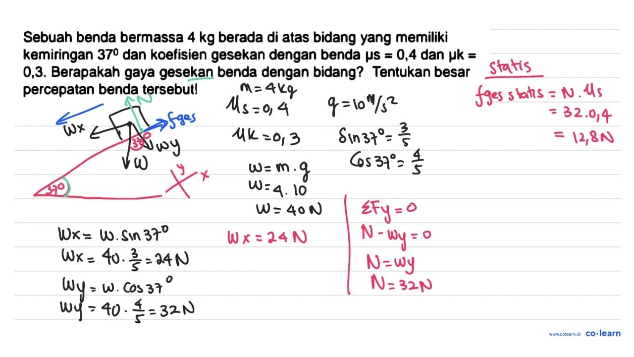 Sebuah benda bermassa 4 kg berada di atas bidang yang