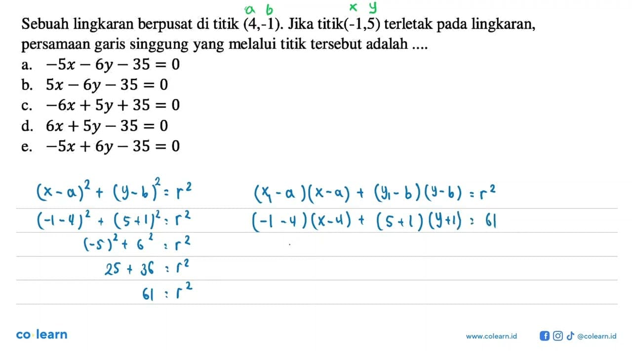 Sebuah lingkaran berpusat di titik (4,-1) . Jika titik