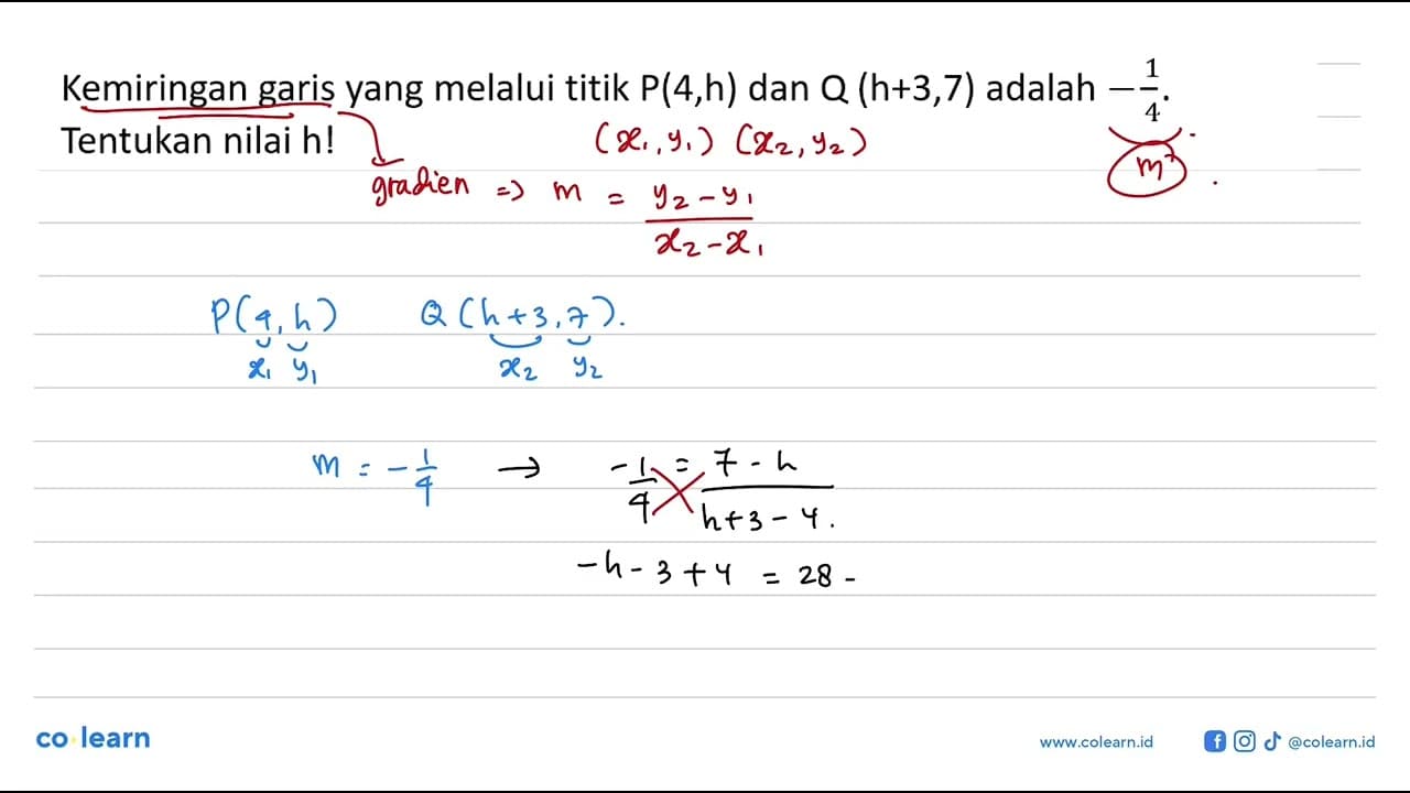 Kemiringan garis yang melalui titik P(4,h) dan Q (h+3,7)