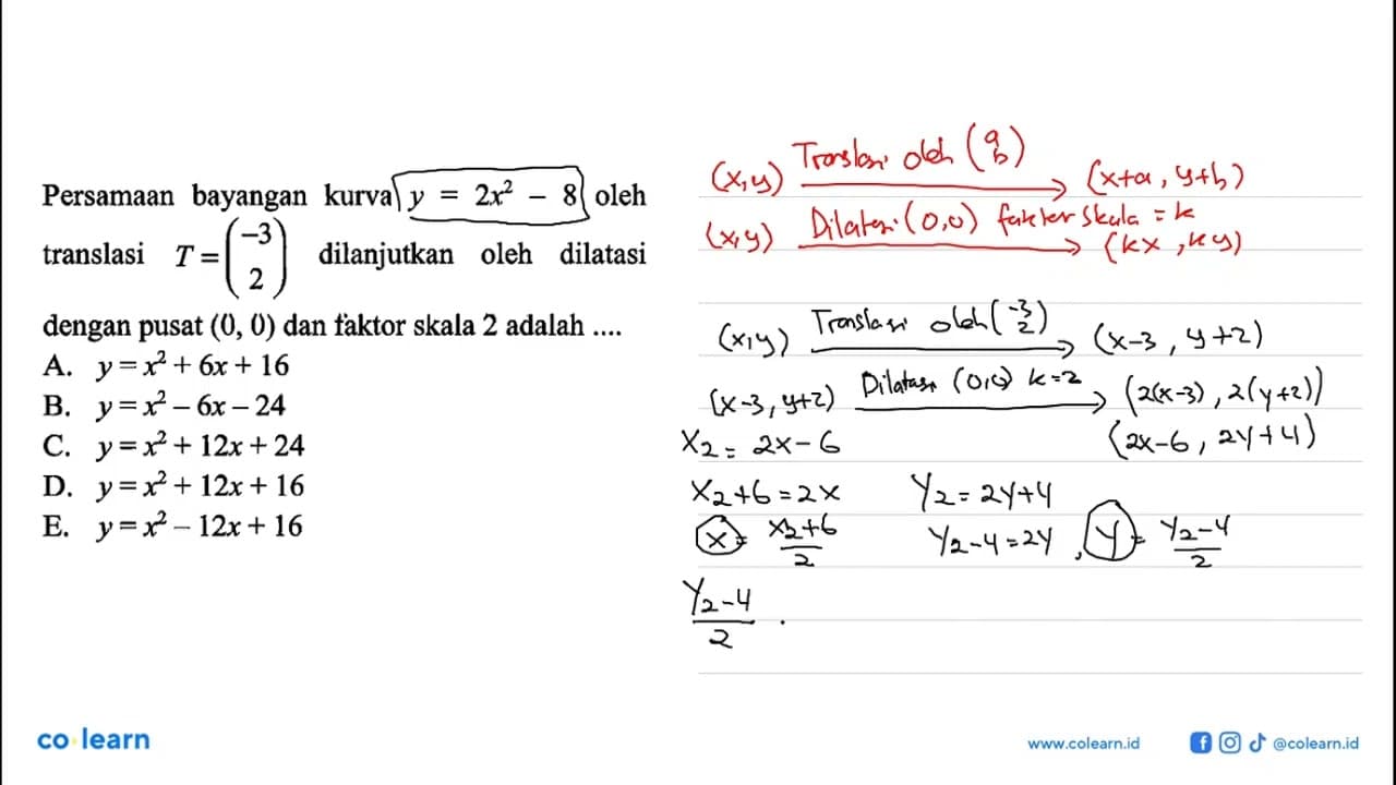 Persamaan bayangan kurva y=2x^2-8 oleh translasi T=(-3 2)