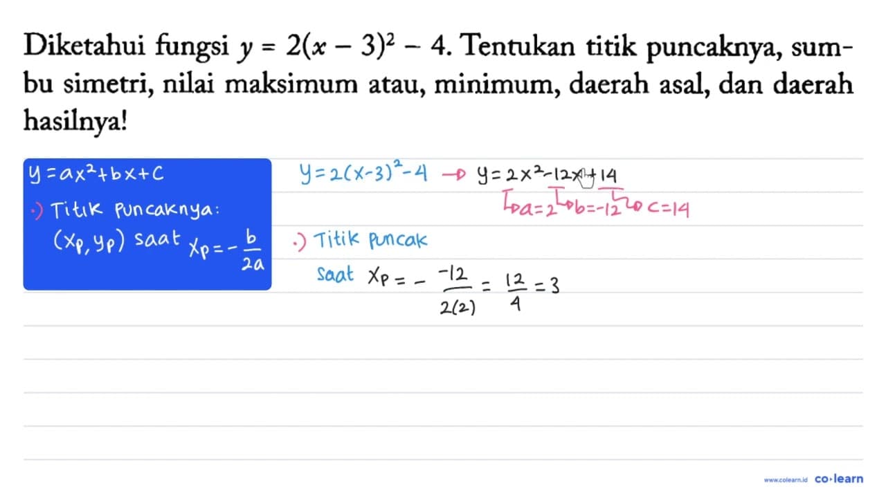 Diketahui fungsi y = 2(x-3)^2 - 4. Tentukan titik