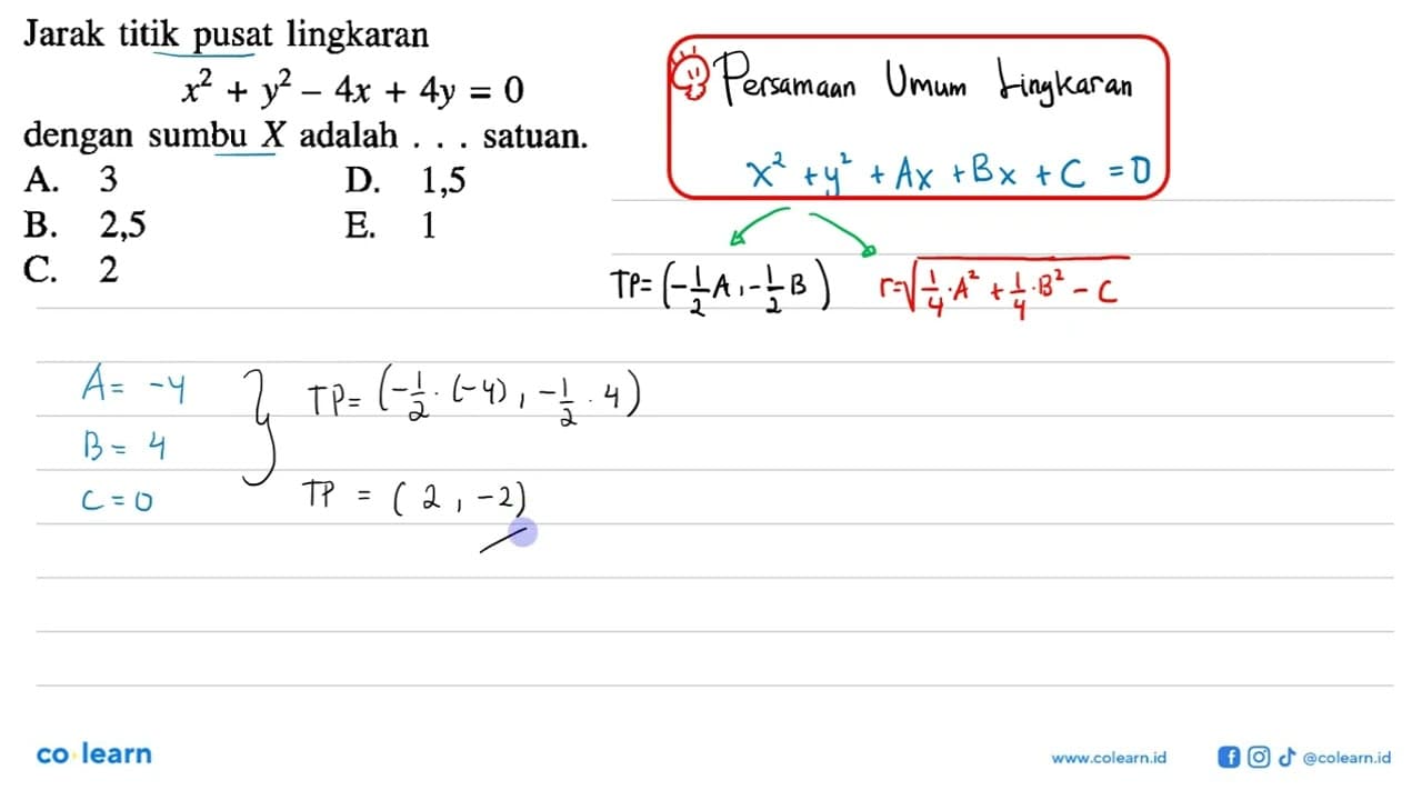 Jarak titik pusat lingkaran x^2+y^2-4 x+4 y=0 dengan sumbu