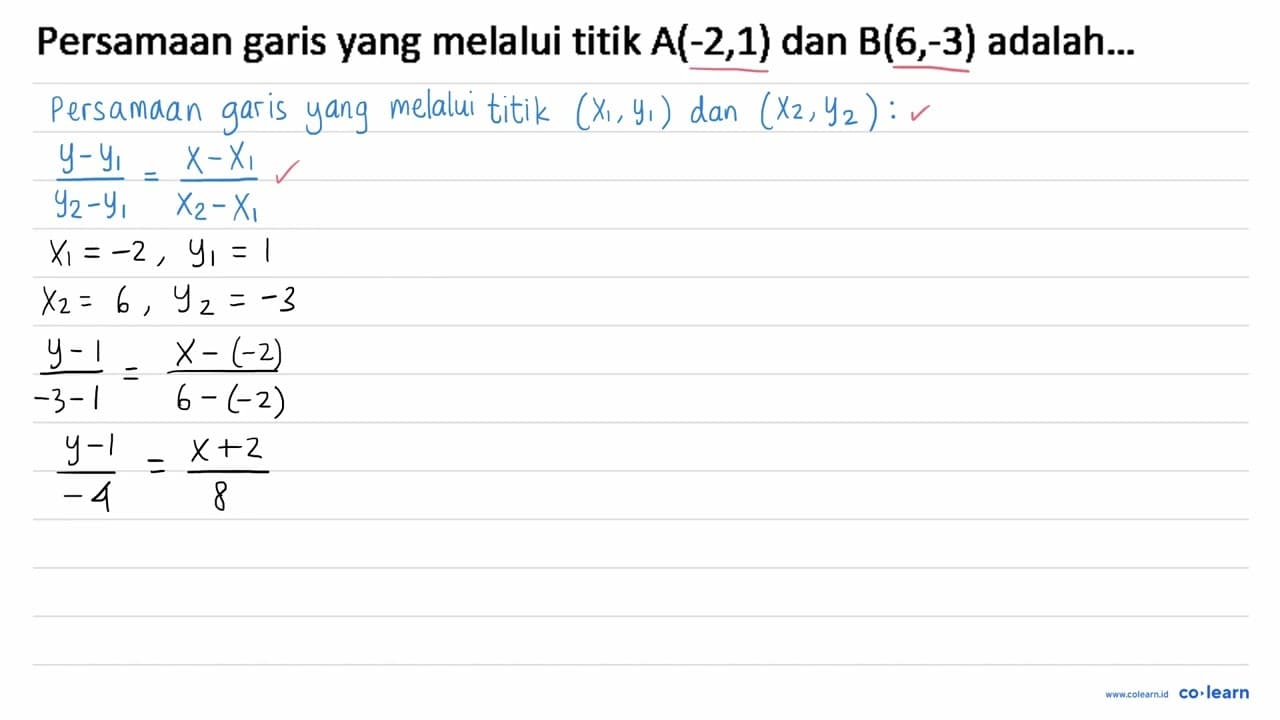 Persamaan garis yang melalui titik A(-2,1) dan B(6,-3)