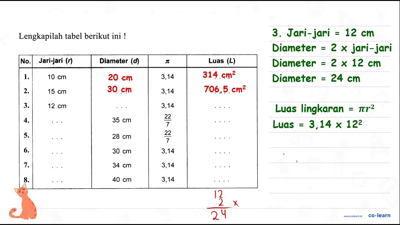 Lengkapilah tabel berikut ini No. Jari-jari (r) Diameter