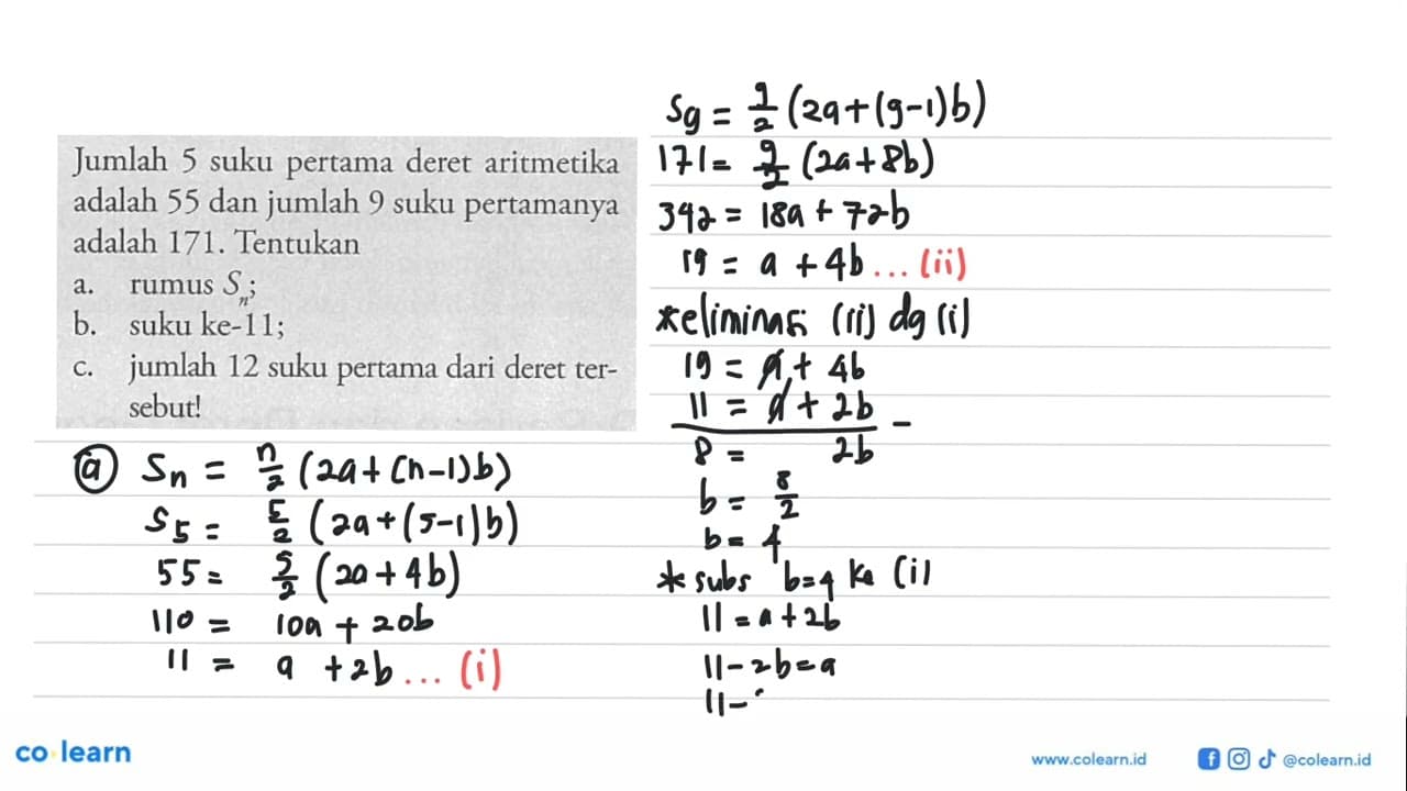 Jumlah 5 suku pertama deret aritmetika adalah 55 dan jumlah