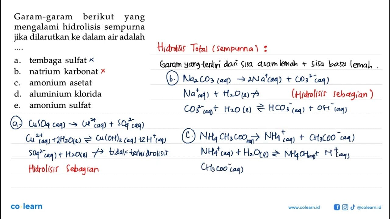 Garam-garam berikut yang mengalami hidrolisis sempurna jika