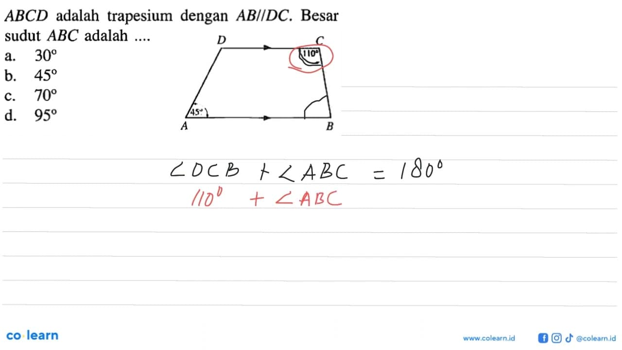 ABCD adalah trapesium dengan AB sejajar DC . Besar sudut