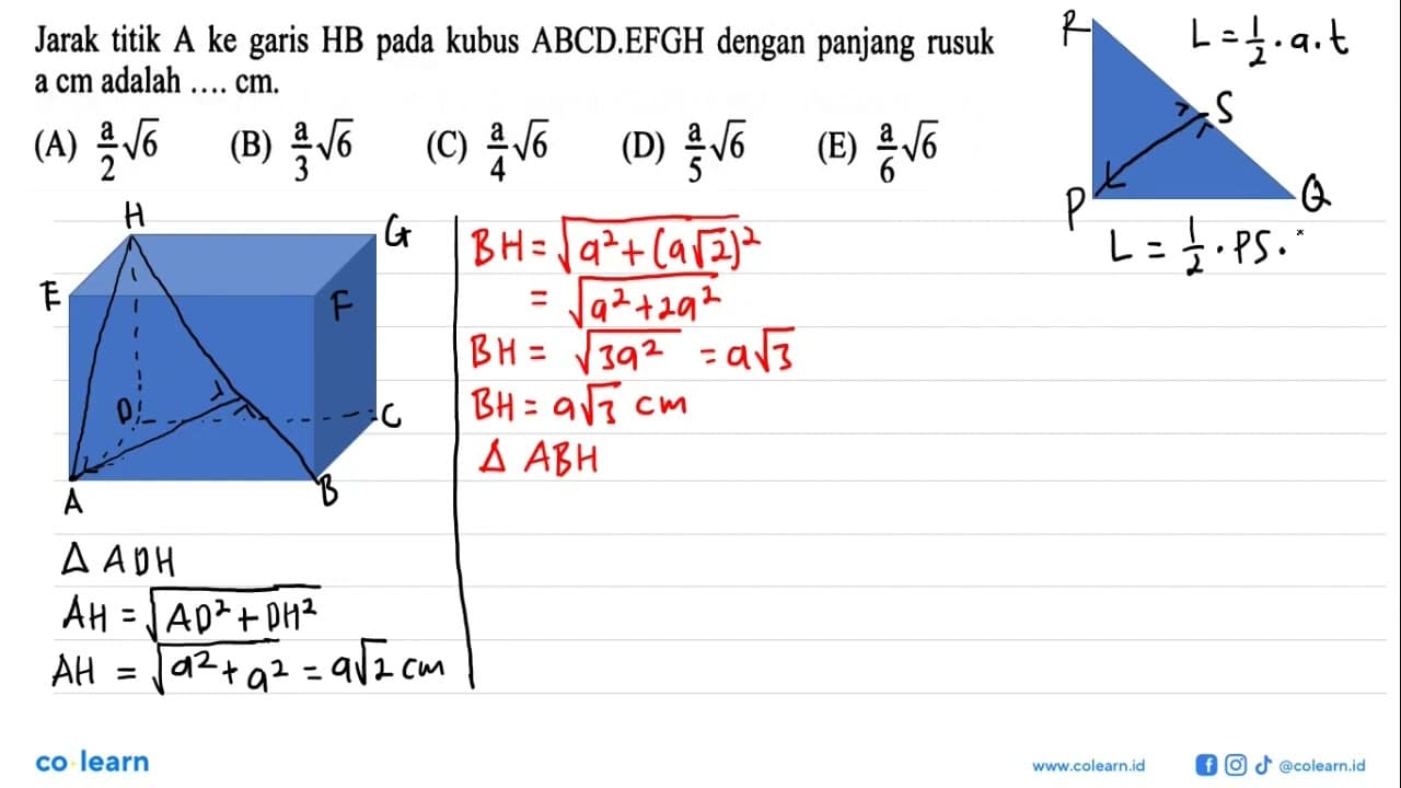 Jarak titik A ke garis HB kubus ABCD.EFGH dengan panjang