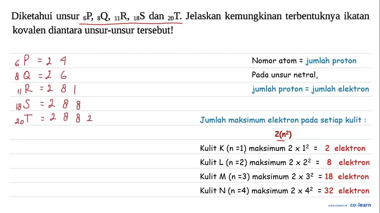 Diketahui unsur 6P, 8Q, 11R, 18S dan 20T. Jelaskan