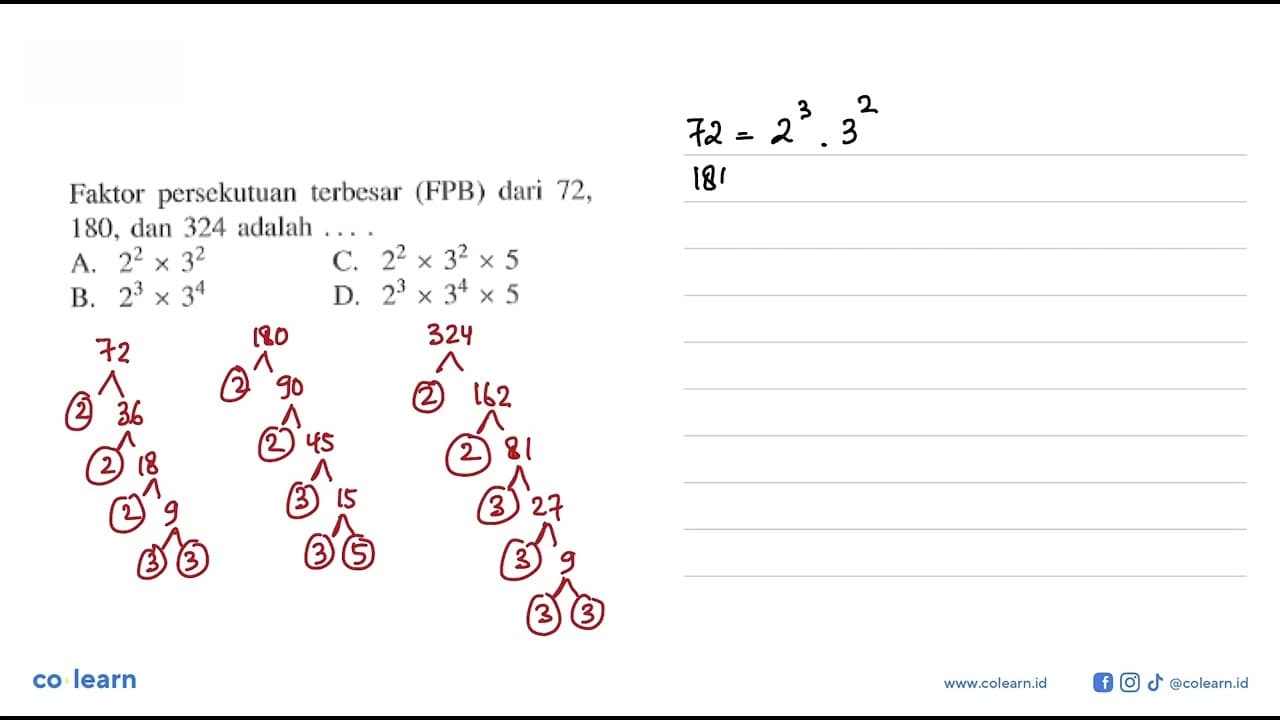 Faktor persekutuan terbesar (FPB) dari 72, 180, dan 324