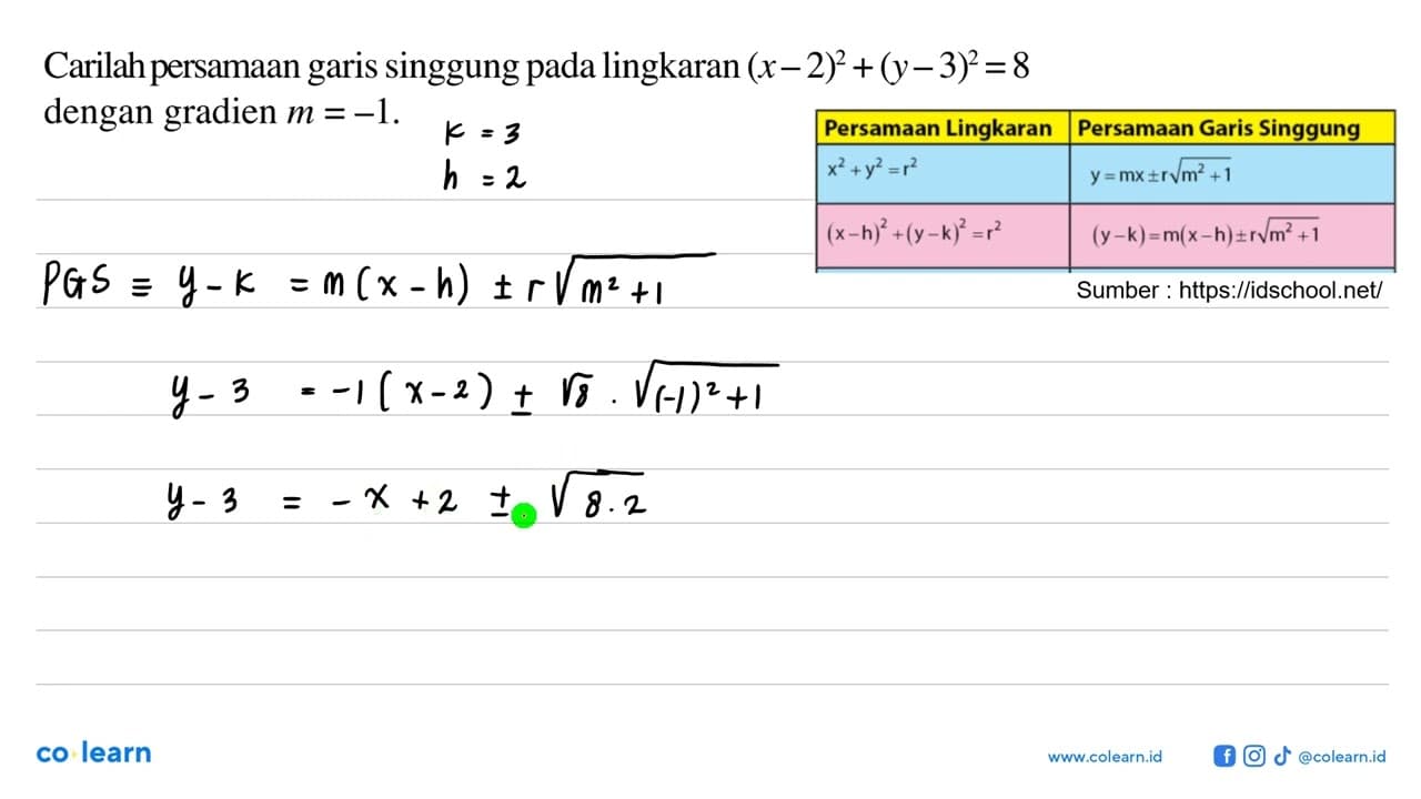 Carilah persamaan garis singgung pada lingkaran