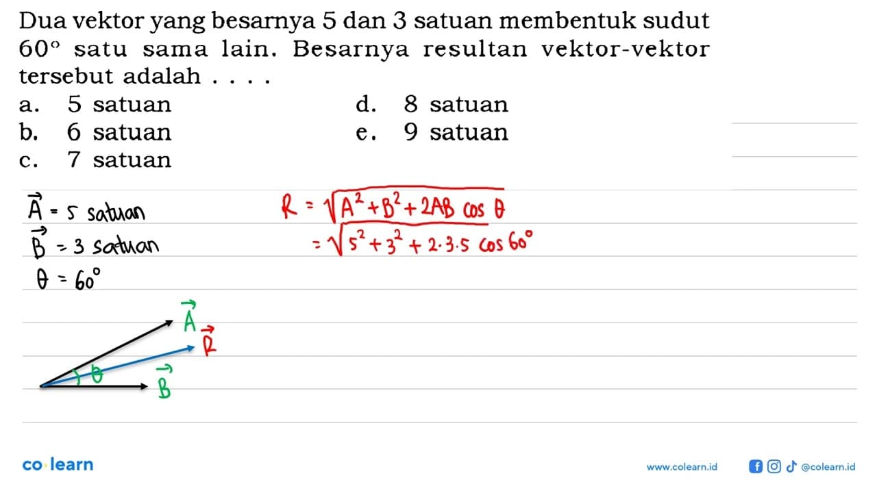 Dua vektor yang besarnya 5 dan 3 satuan membentuk sudut 60