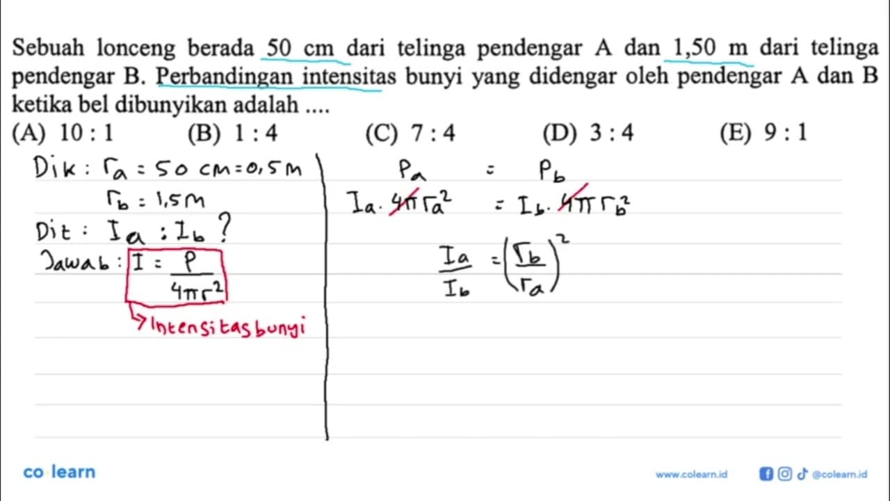 Sebuah lonceng berada 50 cm dari telinga pendengar A dan