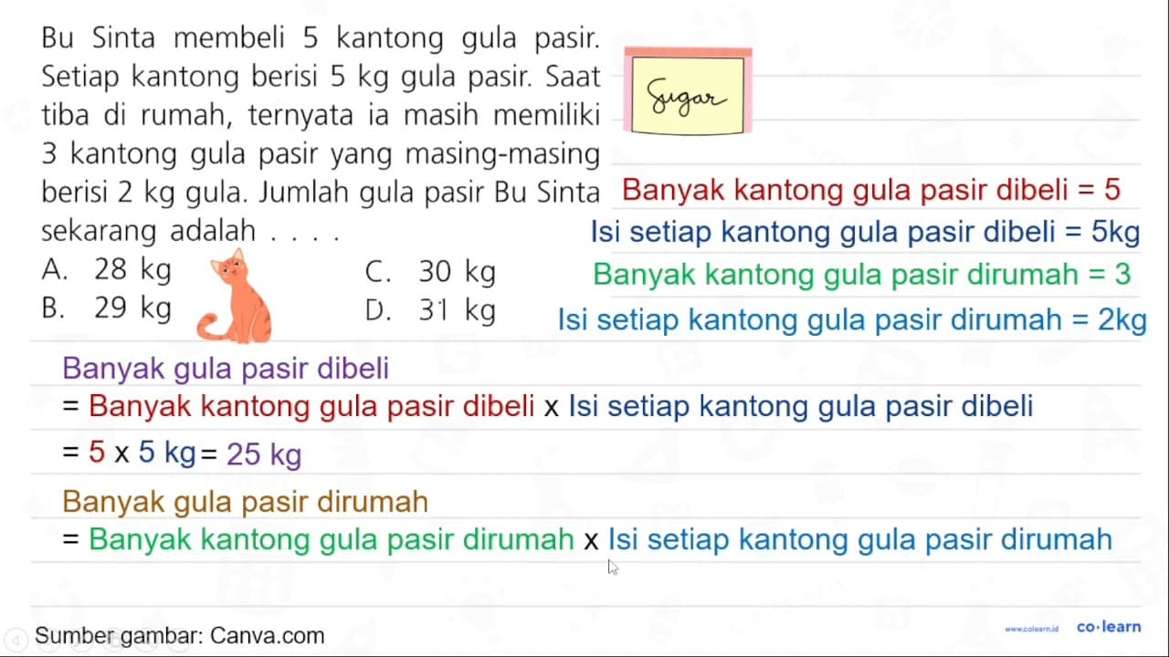 Bu Sinta membeli 5 kantong gula pasir. Setiap kantong