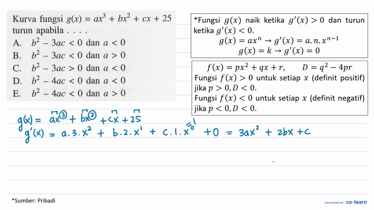 Kurva fungsi g(x)=a x^3+b x^2+c x+25 turun apabila ....