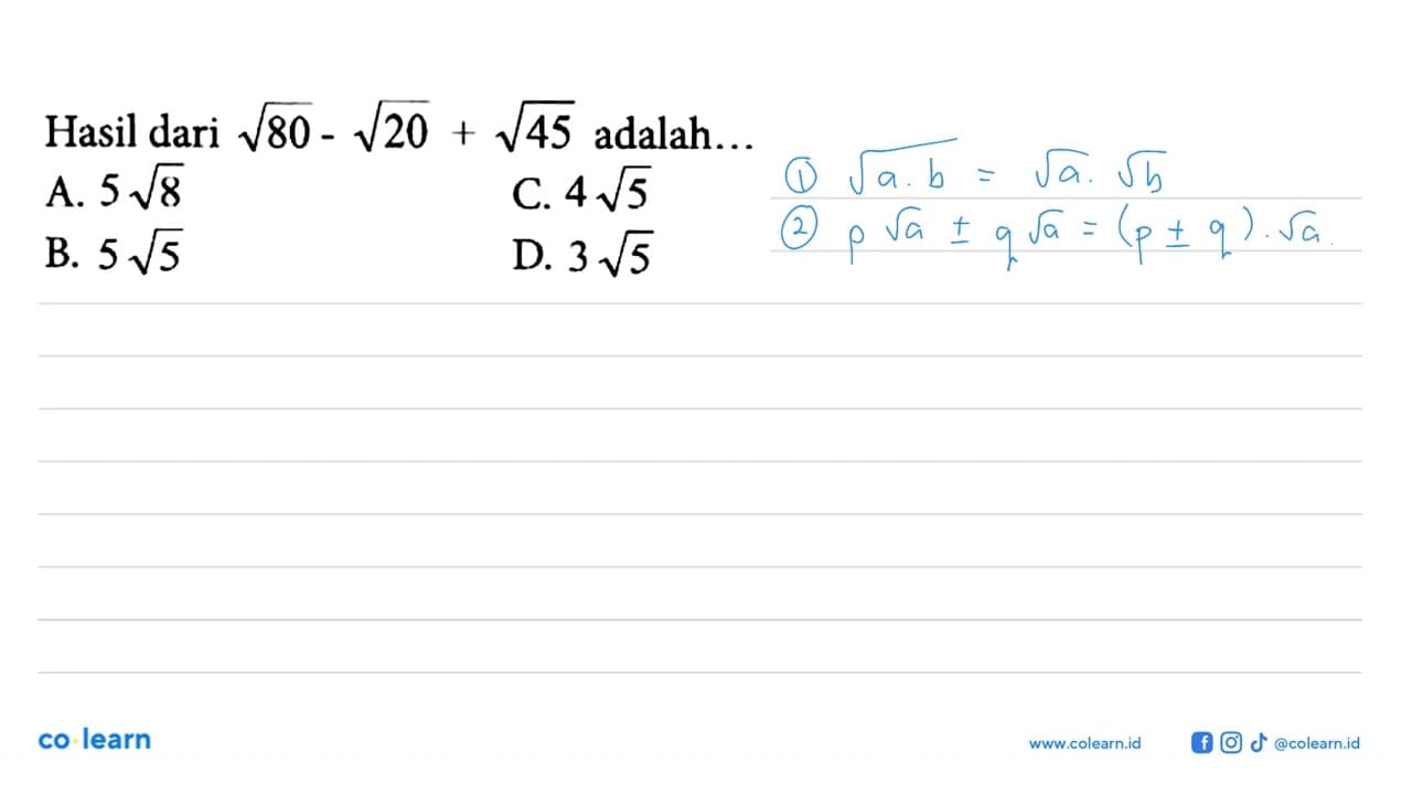 Hasil dari akar(80)-akar(20)+akar(45) adalah...