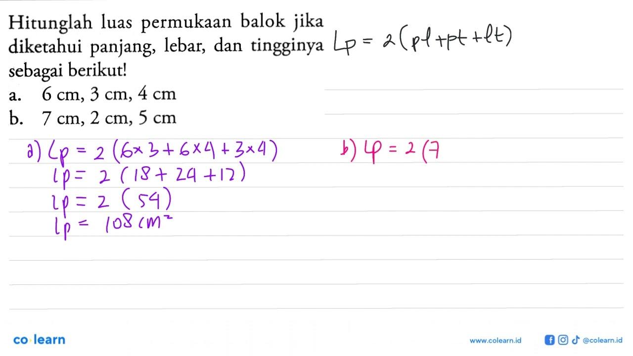 Hitunglah luas permukaan balok jika diketahui panjang,