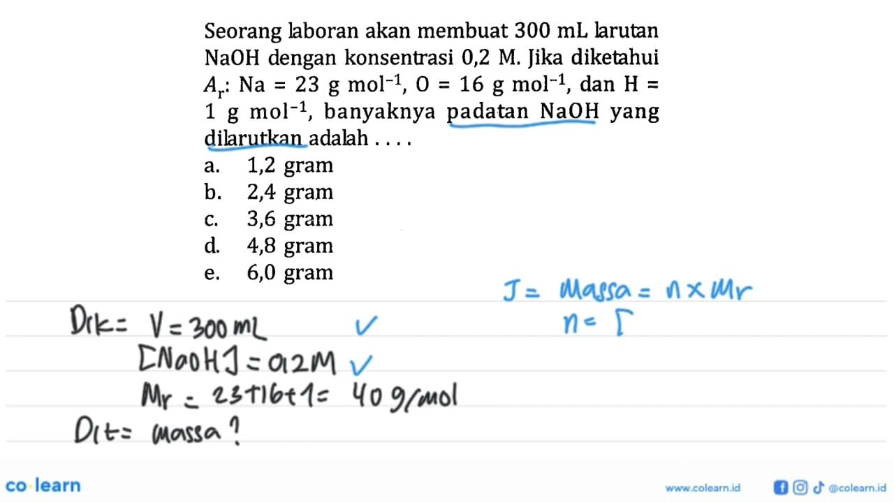 Seorang laboran akan membuat 300 mL larutan NaOH dengan