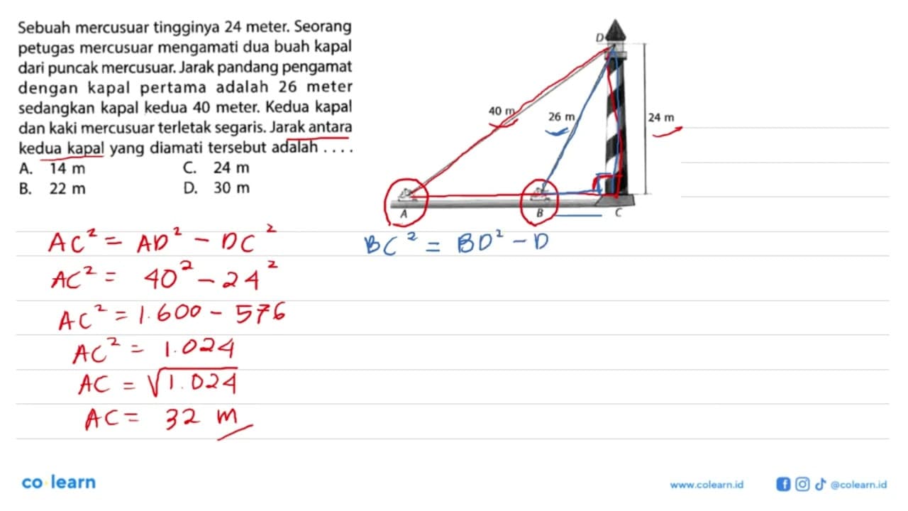 Sebuah mercusuar tingginya 24 meter. Seorang petugas