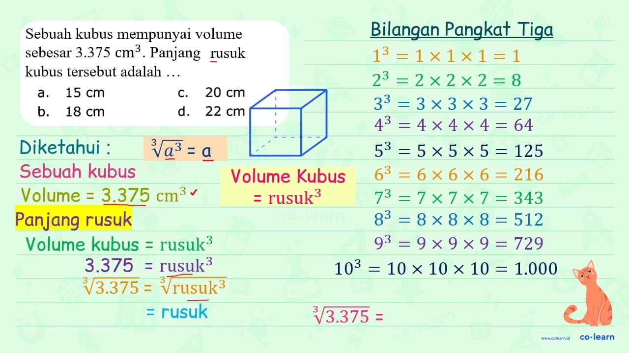 Sebuah kubus mempunyai volume sebesar 3375 cm^3 . Panjang