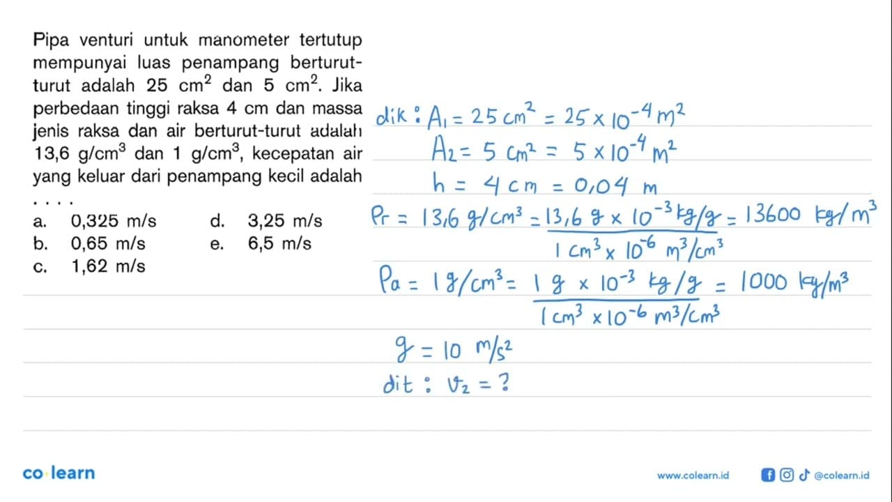 Pipa venturi untuk manometer tertutup mempunyai luas