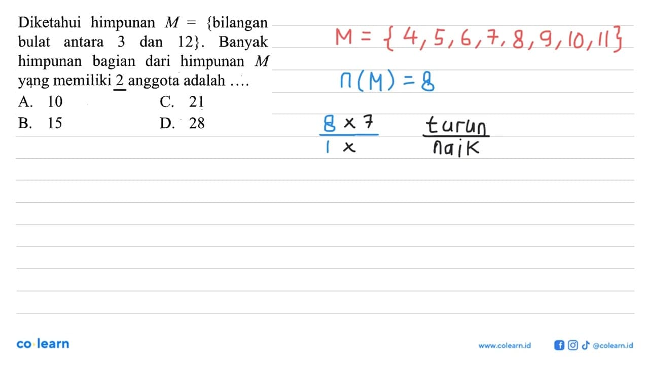 Diketahui himpunan M = {bilangan bulat antara 3 dan 12}.