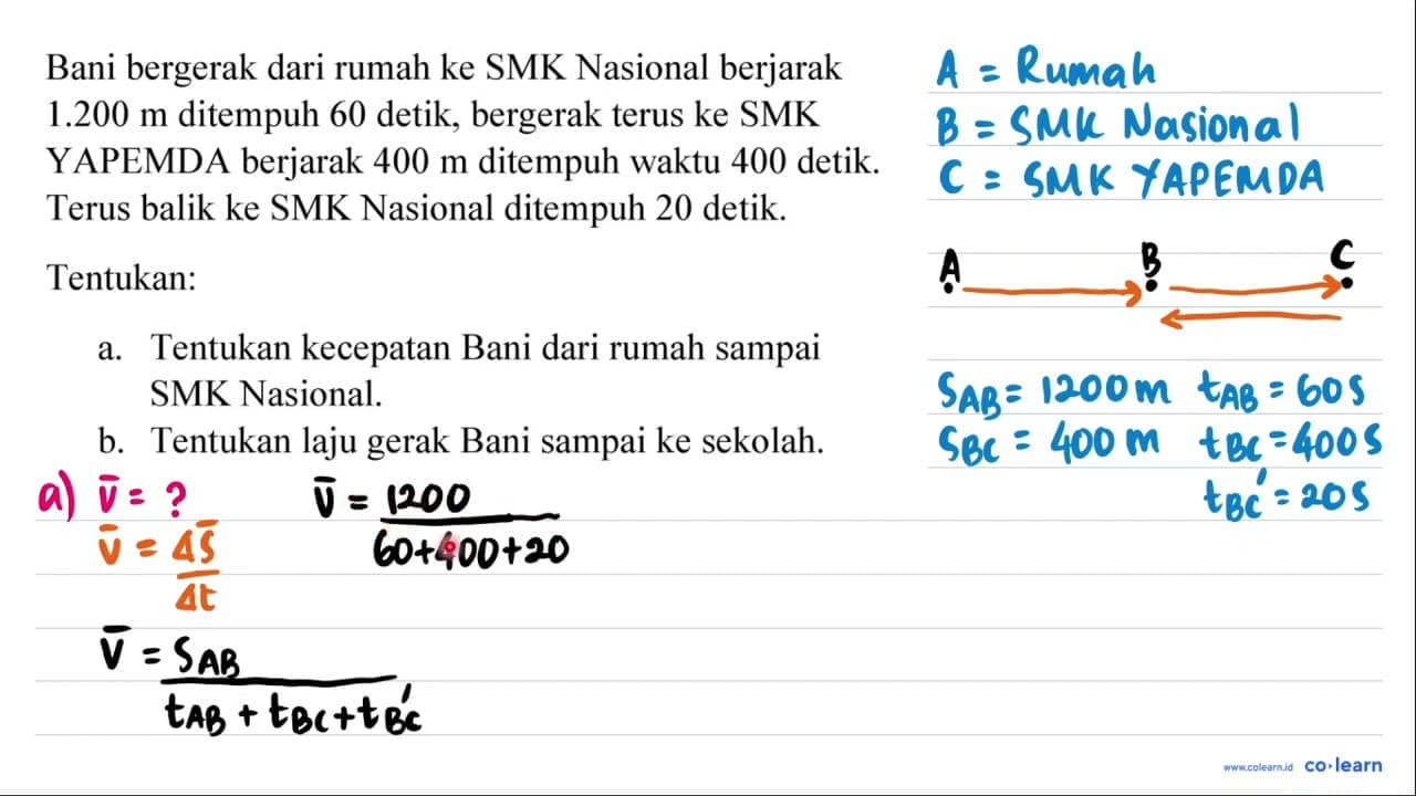 Bani bergerak dari rumah ke SMK Nasional berjarak 1.200 m