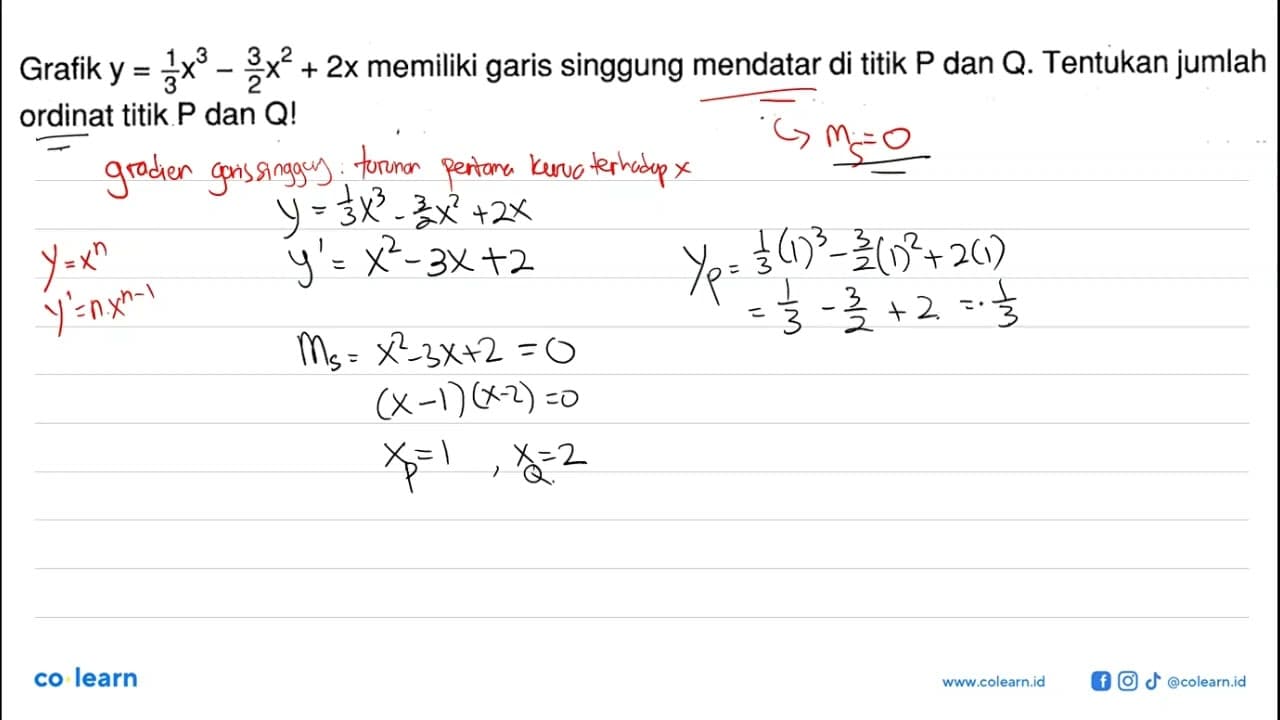 Grafik y=1/3 x^3-3/2 x^2+2x memiliki garis singgung