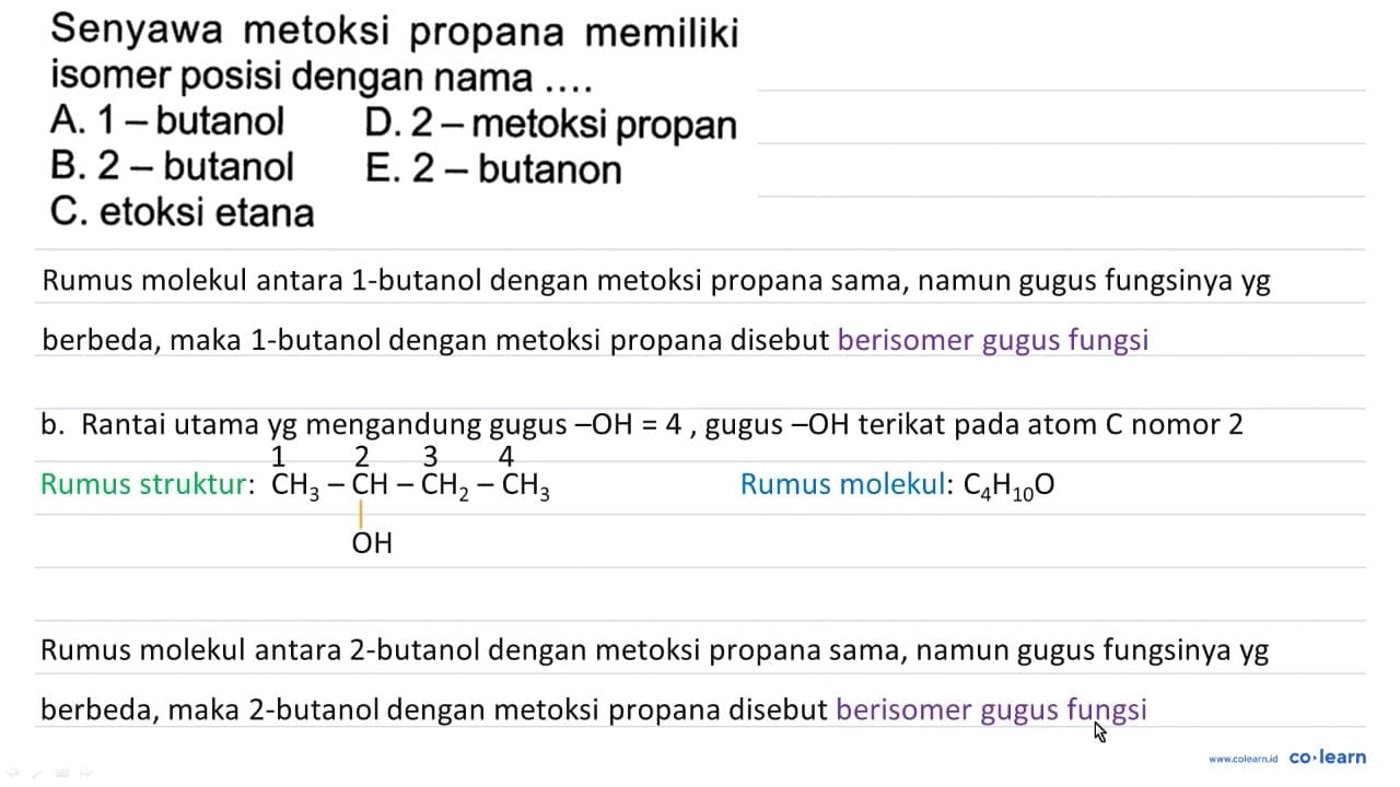 Senyawa metoksi propana memiliki isomer posisi dengan nama