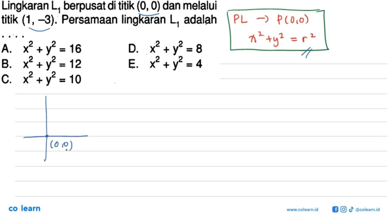 Lingkaran L1 berpusat di titik (0,0) dan melalui titik