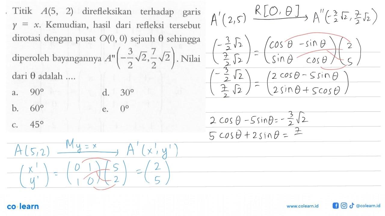 Titik A(5, 2) direfleksikan terhadap garis y=x. Kemudian,