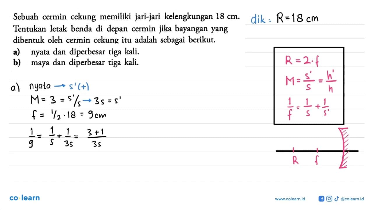 Sebuah cermin cekung memiliki jari-jari kelengkungan 18 cm