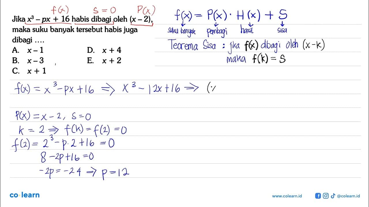 Jika x^3-px+16 habis dibagi oleh (x-2), maka suku banyak