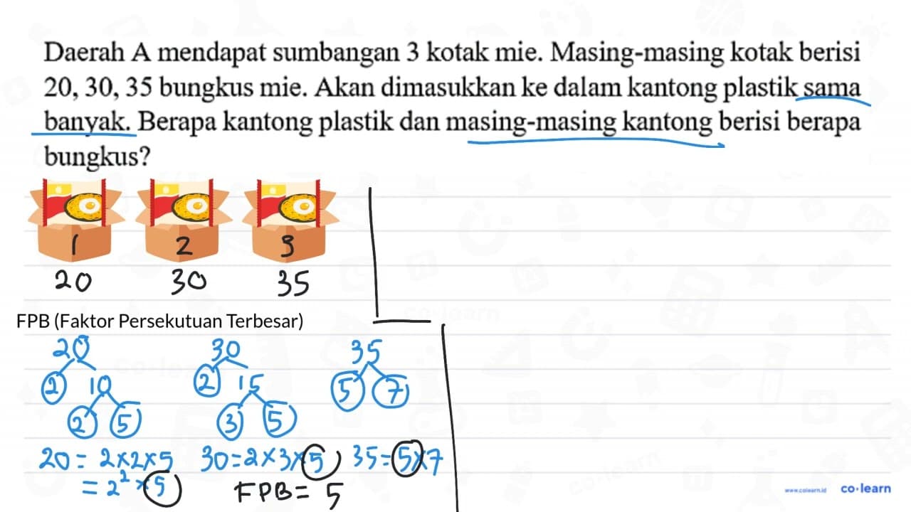 Daerah A mendapat sumbangan 3 kotak mie. Masing-masing