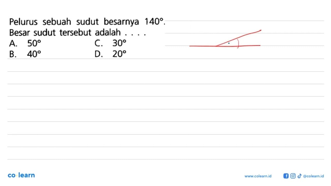 Pelurus sebuah sudut besarnya 140. Besar sudut tersebut