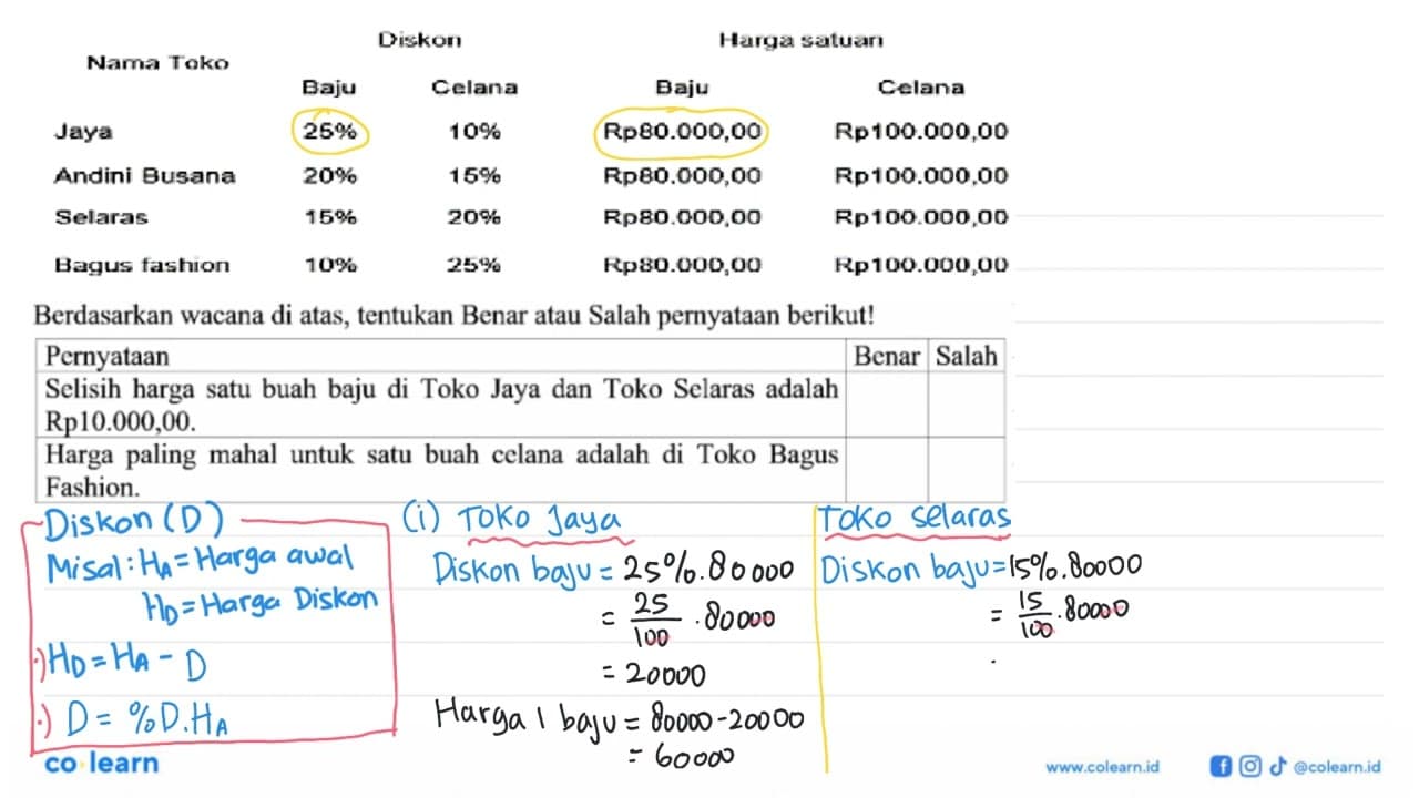 Diskon Tabel berikut menunjukkan daftar harga dan diskon