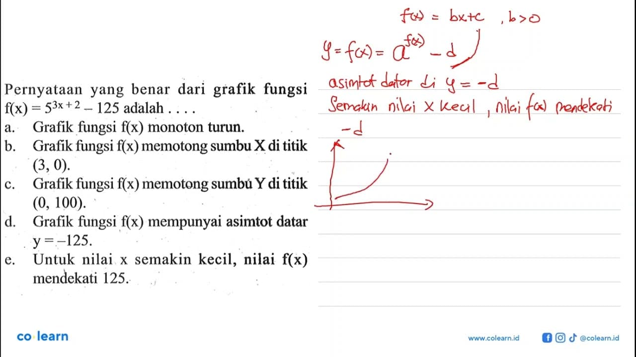 Pernyataan yang benar dari grafik fungsi f(x)=5^(3x+2)-125