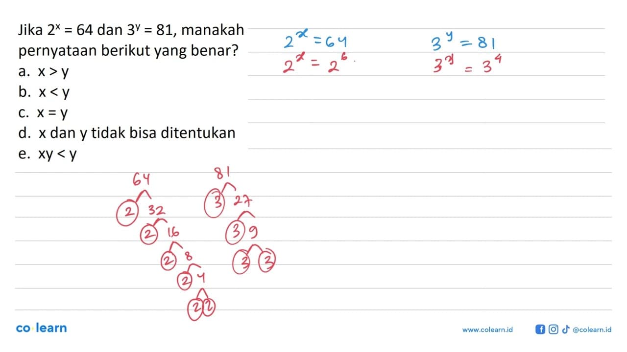 Jika 2^x=64 dan 3^y=81, manakah pernyataan berikut yang