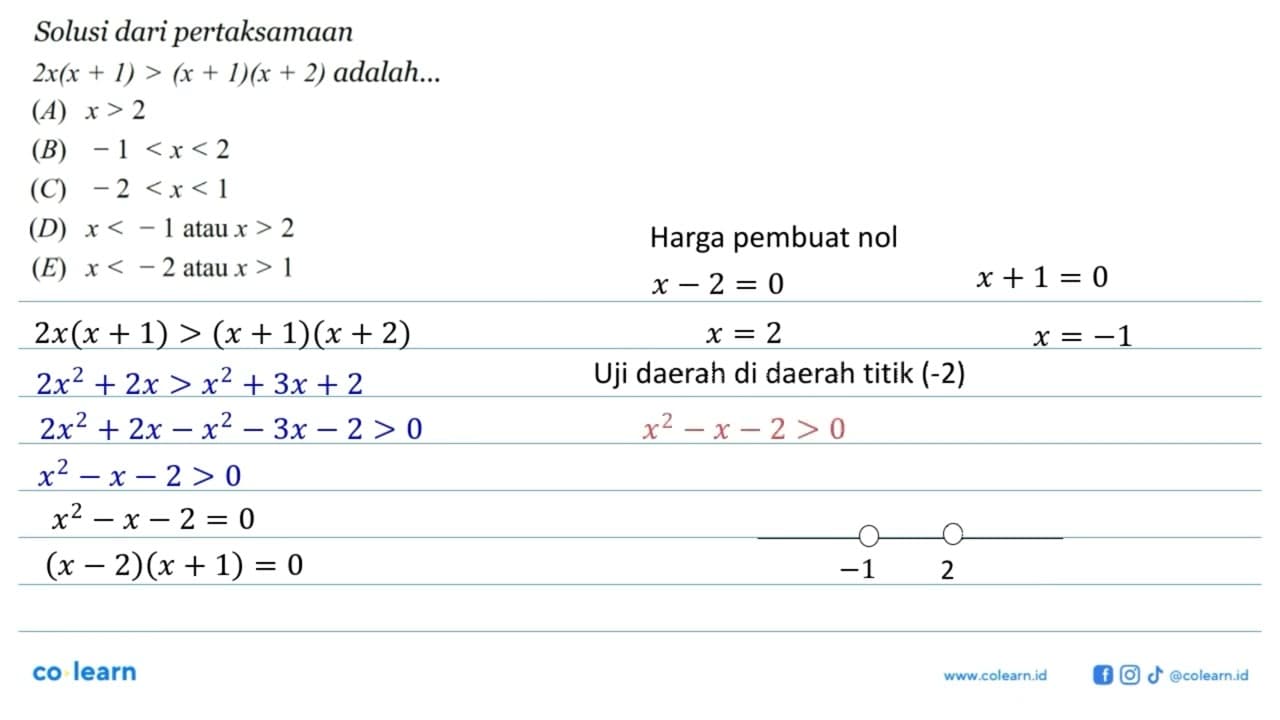 Solusi dari pertaksamaan 2x(x+1)>(x+1)(x+2) adalah ...