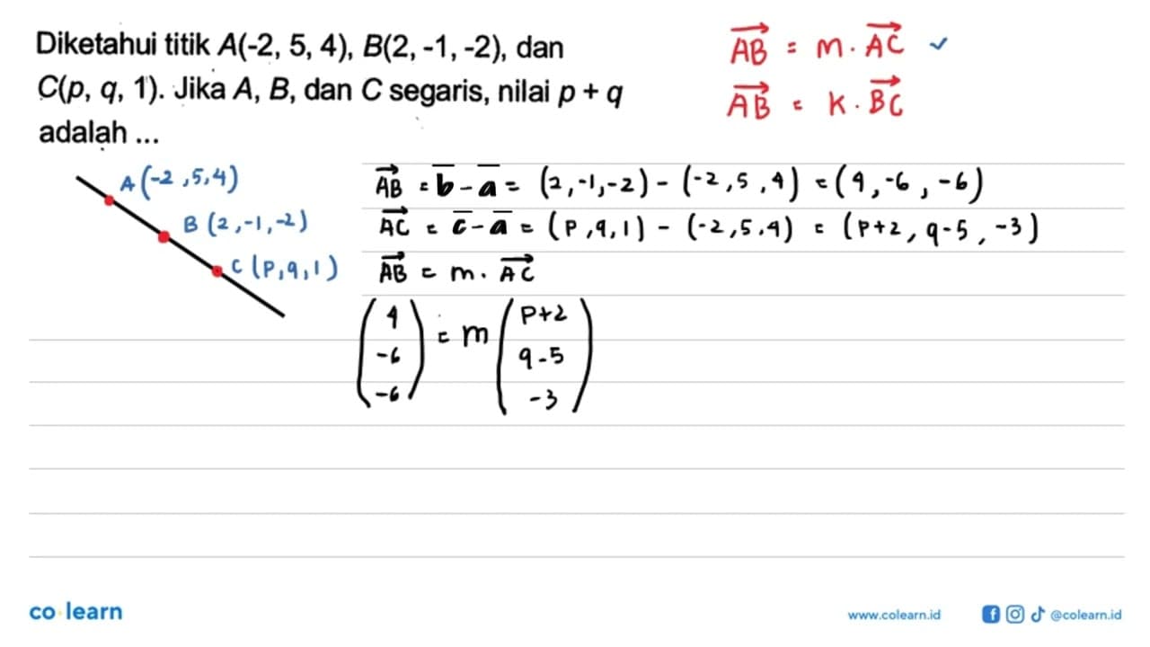 Diketahui titik A(-2,5,4), B(2,-1,-2), dan C(p, q, 1). Jika