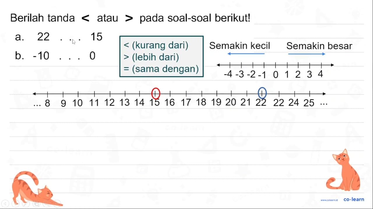 Berilah tanda < atau > pada soal-soal berikut! a. 22 .. 15