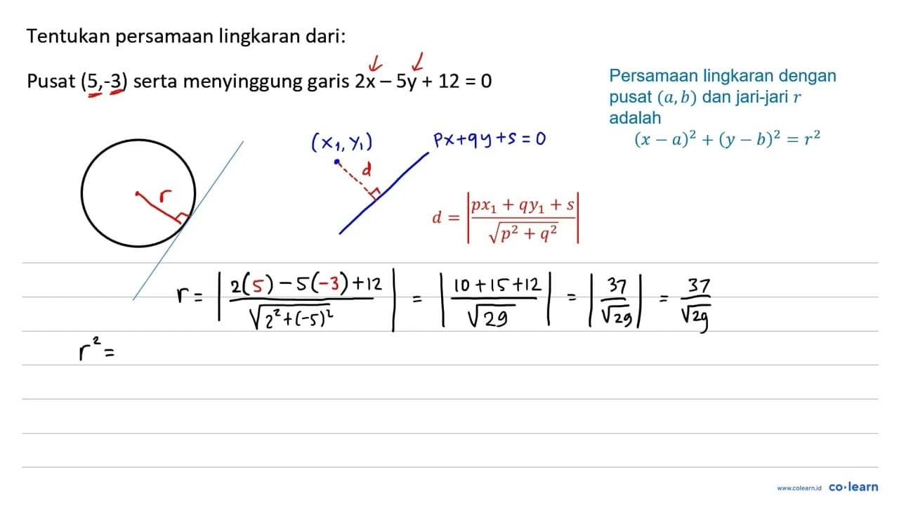 Tentukan persamaan lingkaran dari: Pusat (5,-3) serta