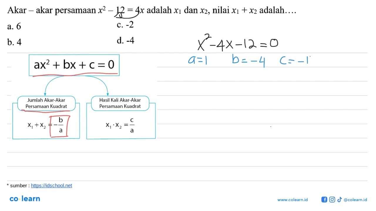 Akar-akar persamaan x^2-12=4x adalah x1 dan x2, nilai x1+x2