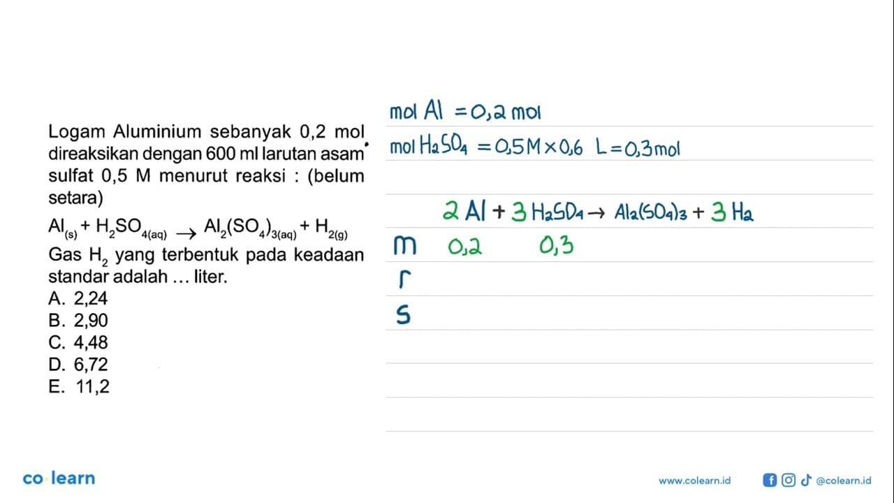 Logam Aluminium sebanyak 0,2 mol direaksikan dengan 600 ml