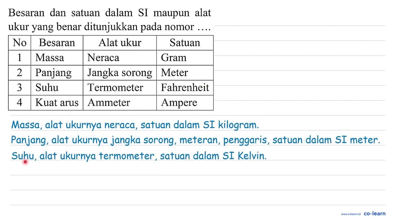 Besaran dan satuan dalam SI maupun alat ukur yang benar